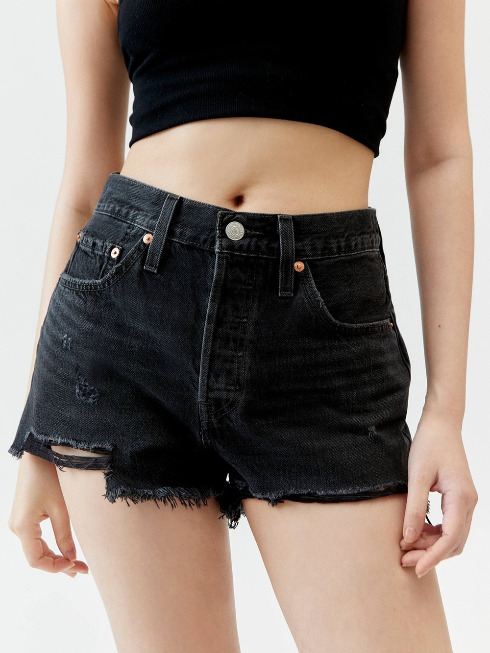Levi’s 501 High-Waist Distressed Black Denim Shorts Sz 26